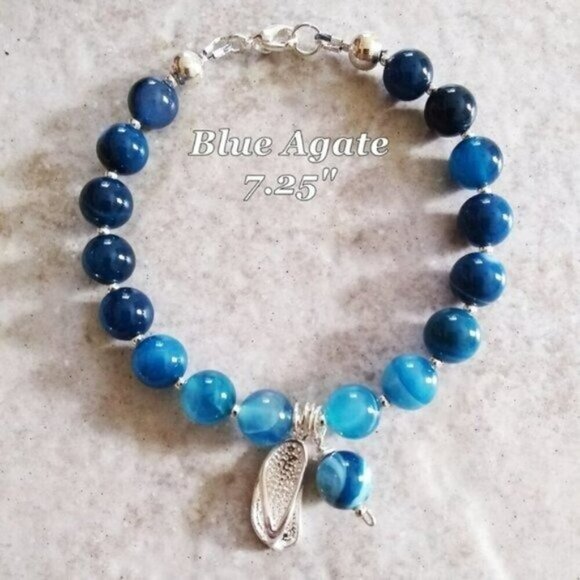 Ombre Sea Blue! Matched Bracelet + Earring Set! Silver Flip Flops & Blue Agates! - Picture 2 of 10